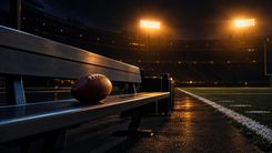 American Football auf einer leeren Bank vor einem beleuchteten Stadion