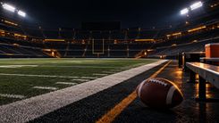 Football am Rand eines leeren Spielfelds unter Flutlicht