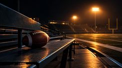 American Football auf einer leeren Stadionbank im Flutlicht