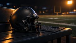 Dunkler Football-Helm ohne Logo auf einer Bank am Spielfeldrand