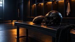 Football und schwarzer Helm auf einer leeren Bank im warmen Licht