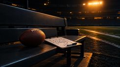 Football und neutrales Spielzugbrett auf einer leeren Bank im Stadion