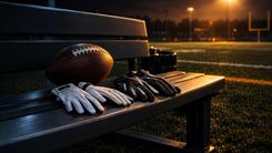 Football und zwei Paar Handschuhe auf einer Bank am Spielfeldrand