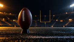 Football auf einem Kickoff-Tee vor einem unscharfen Torpfosten bei Nacht