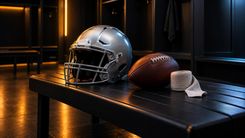 Silberner Football-Helm, Ball und Sportbandage auf einer dunklen Bank