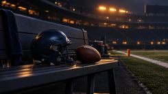 Football und dunkelblauer Helm auf einer leeren Seitenlinienbank im Stadion