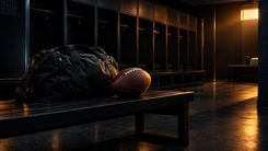 American Football und Sporttasche auf einer Bank in einer dunklen Umkleide