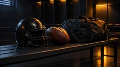 Schwarzer Footballhelm, Football und Reisetasche auf einer Umkleidebank