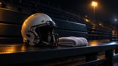 Neutraler Football-Helm und Handtuch auf einer leeren Stadionbank