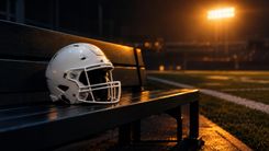 Weißer Footballhelm auf einer leeren Bank am Spielfeldrand im Flutlicht