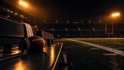 American Football auf einer Bank am Spielfeldrand unter Flutlicht
