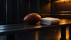 American Football und gefaltetes Handtuch auf einer dunklen Umkleidebank