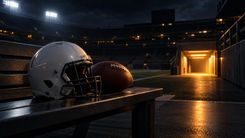 Unbeschrifteter Footballhelm und Ball auf einer Bank vor einem beleuchteten Stadiontunnel