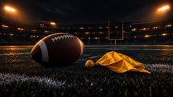 American Football und gelbe Schiedsrichterflagge auf dunklem Rasen im Stadionlicht