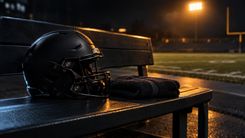 Schwarzer Football-Helm und gefaltetes Handtuch auf einer leeren Bank am Spielfeldrand