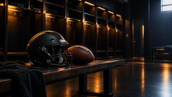Football und neutraler Helm auf einer leeren Umkleidebank