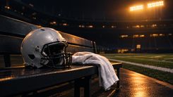 Unmarkierter Football-Helm und weißes Handtuch auf einer Bank im dunklen Stadion