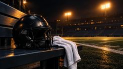 Unmarkierter Football-Helm und weißes Handtuch auf einer Bank am Spielfeldrand.