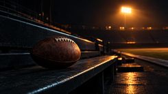Ein Football auf einer leeren Stadionbank im warmen Flutlicht.
