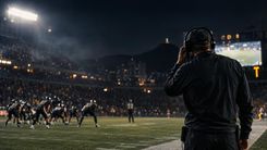 Ein Coach an der Seitenlinie mit Headset, im Hintergrund ein Spielzug bei Flutlicht