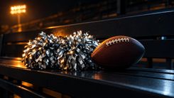 Silberne Pompons und ein Football auf einer Stadionbank