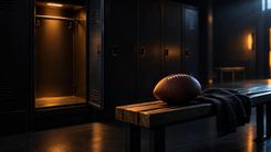 Football auf einer Bank vor einem leeren Spind