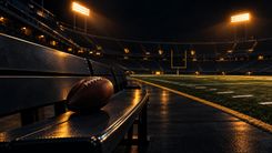 American Football auf einer leeren Bank im dunklen Stadion