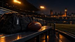 Football und Reisetasche auf einer leeren Stadionbank mit London-Silhouette im Hintergrund