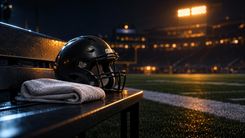 Unbeschrifteter Football-Helm und Handtuch auf einer leeren Seitenlinienbank