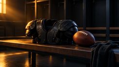 Dunkle Football-Schulterpolster und ein Football auf einer leeren Bank im warmen Seitenlicht