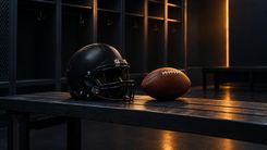 Unmarkierter Footballhelm und Football auf einer leeren Umkleidebank