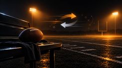 American Football auf einer Bank vor einem leeren Trainingsfeld mit Flutlicht und abstrakten Wechselpfeilen