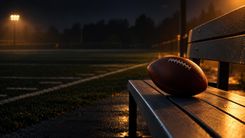 Ein Football auf einer leeren Bank am Rand eines dunklen Trainingsfeldes.