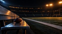 American Football auf einer leeren Bank am Spielfeld bei Nacht