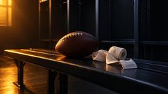 Football und weiße Sportbandagen auf einer dunklen Umkleidebank