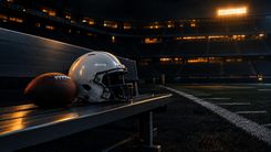 Football und unmarkierter Helm auf einer leeren Bank am Spielfeldrand