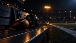 American-Football und schwarzer Helm auf einer dunklen Bank am beleuchteten Spielfeldrand