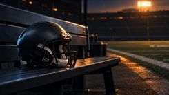 Neutraler Football-Helm auf einer leeren Bank am Spielfeldrand