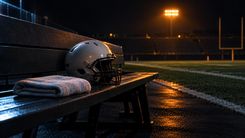 Neutraler Football-Helm und Handtuch auf einer leeren Bank unter Flutlicht