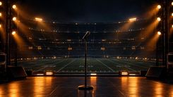Mikrofon auf einer leeren Stadionbühne im warmen Scheinwerferlicht
