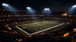 American-Football-Stadion bei Nacht unter Flutlicht mit warm beleuchteten Tribünen