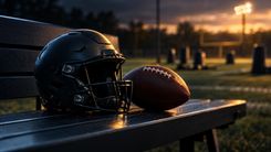 Dunkler Football-Helm und Football auf einer Bank am Trainingsfeld