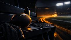 American Football auf einer dunklen Bank am Spielfeldrand im warmen Licht