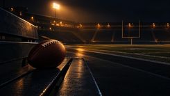 American Football auf einer Bank vor einem beleuchteten Stadion bei Nacht