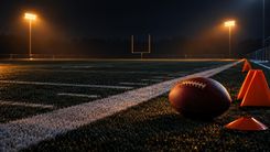 Football neben Trainingsmarkierungen auf einem dunklen Trainingsfeld