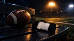 American Football und leeres Spielzug-Armband auf einer dunklen Stadionbank unter Flutlicht