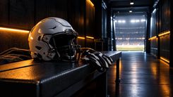 Neutraler Football-Helm und Handschuhe auf einer Bank im dunkel beleuchteten Spielertunnel