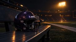 Unbeschrifteter Footballhelm auf einer leeren Bank im Stadion bei Nacht