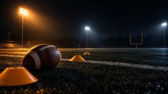 Football und Trainingshütchen auf einem leeren Footballfeld unter Flutlicht