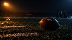 Football auf einem beleuchteten Trainingsplatz bei Nacht